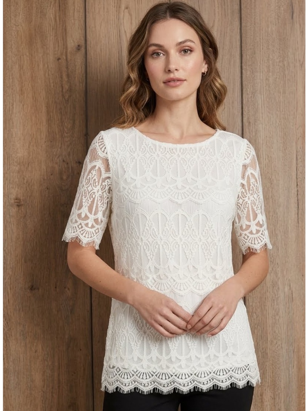 Easywear by Chico’s Short Sleeve Romantic Lace Blouse Size M Modern Coquette